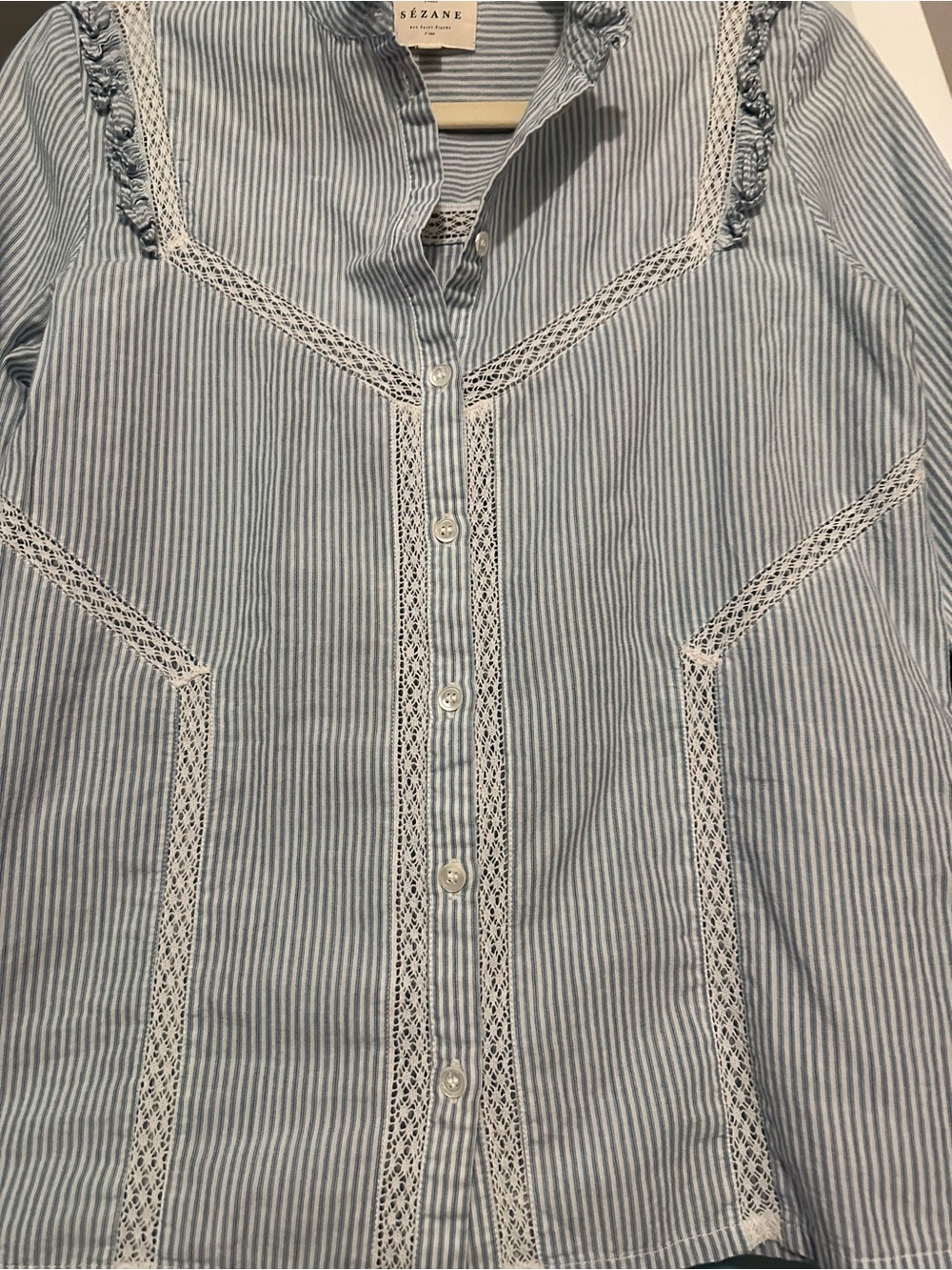 Cute $250 Sezane Blue White Stripe Lace Trim Ruffle Collar Shoulders Button Down - Picture 6 of 10